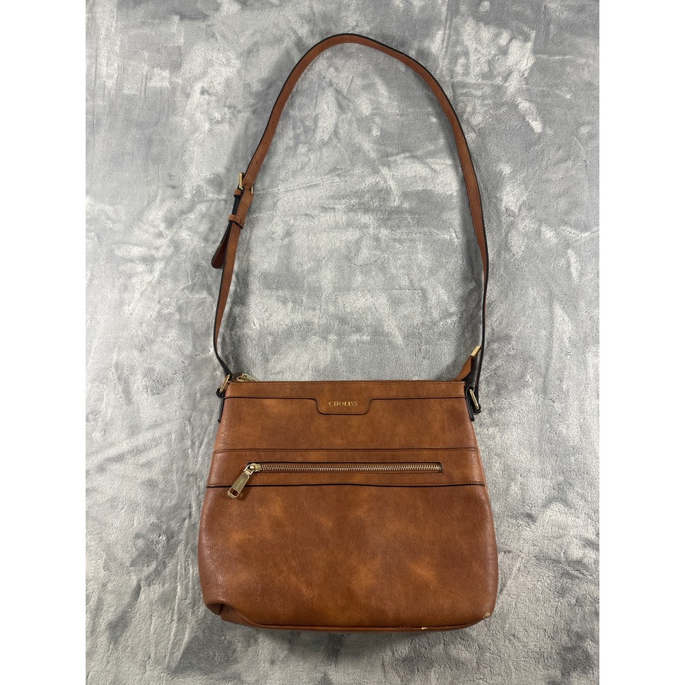 CHOLISS Cognac Brown Faux‎ Leather Crossbody Bag Gold Hardware Womens Adjustable